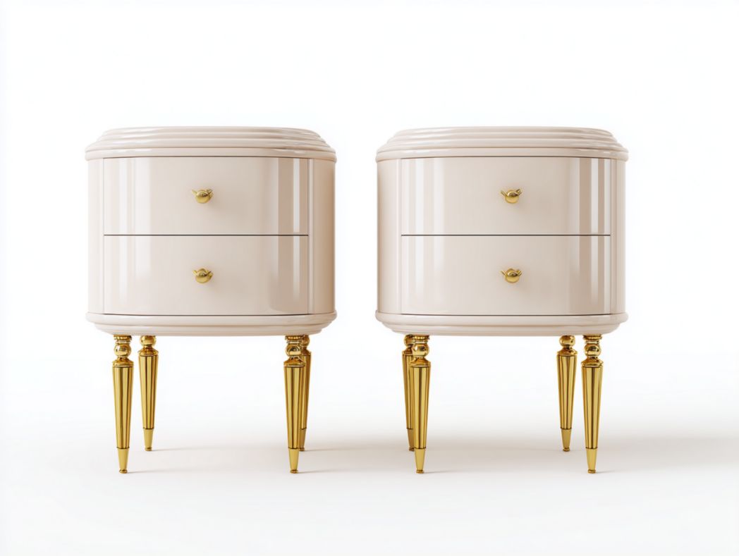 Lot de 2 tables de chevet style fran?ais Crème brillant avec 2 tiroirs et pieds dorés sculptés