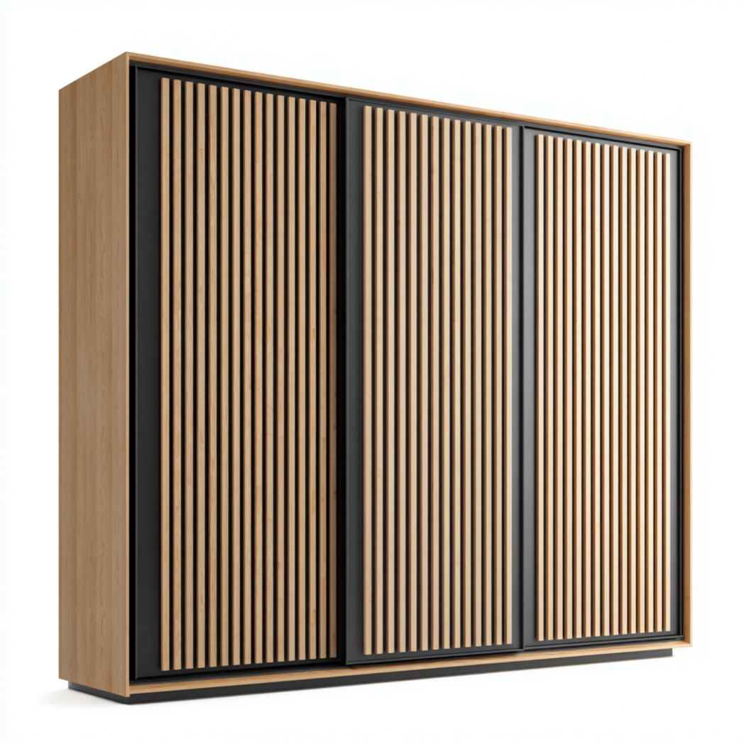 Armoire 3 portes design moderne bois clair et noir à fa?ades rainurées coulissantes