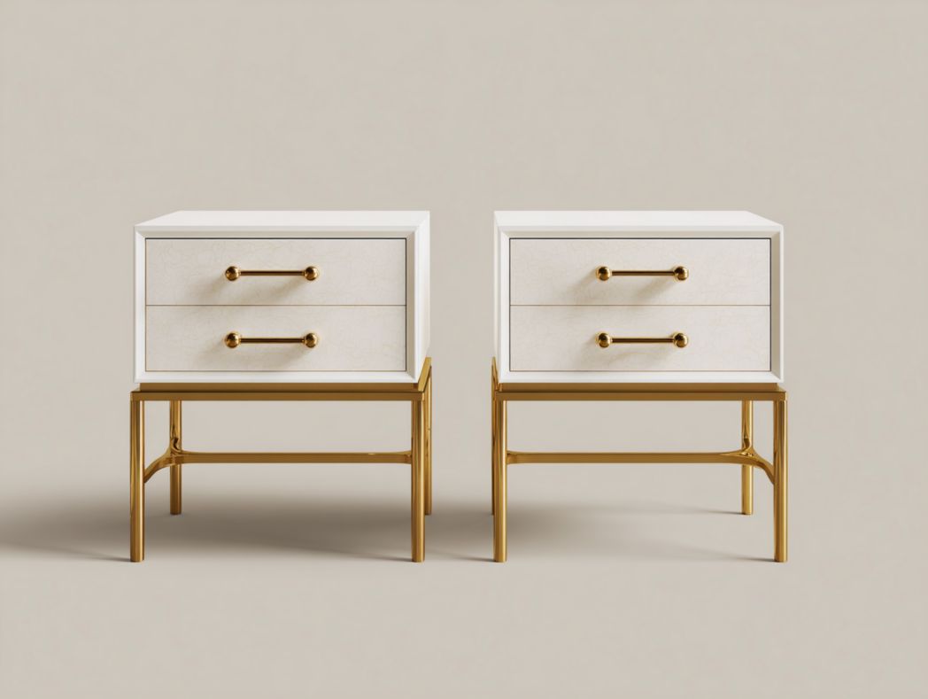 Lot de 2 tables de chevet modernes Blanches avec 2 tiroirs et base dorée