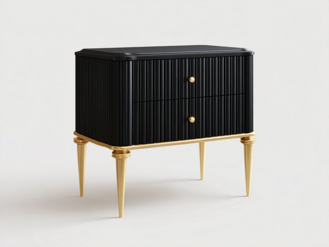 Table de chevet noire à rainures verticales – pieds dorés en métal, 2 tiroirs