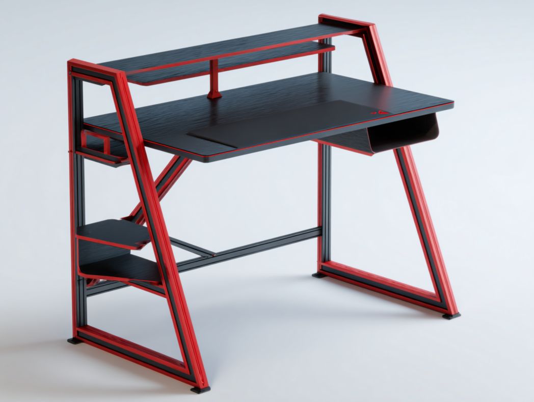 Bureau gaming noir et rouge avec étagères multiples et support d’écran