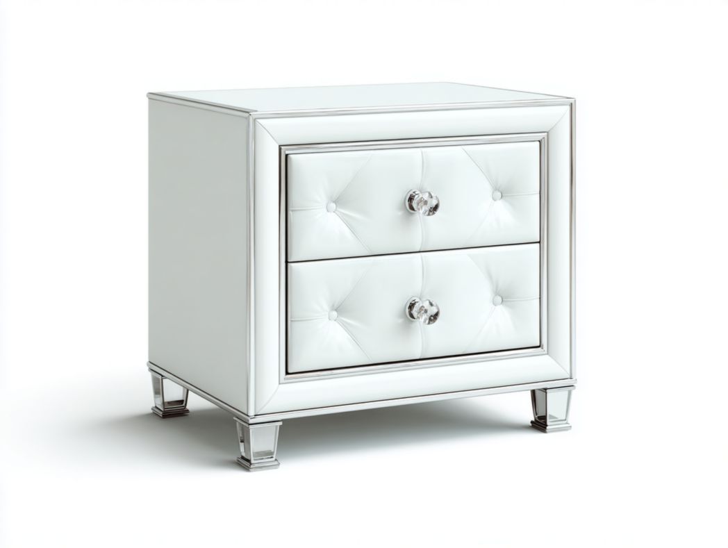 Table de chevet blanche miroir – 2 tiroirs capitonnés avec poignées en cristal