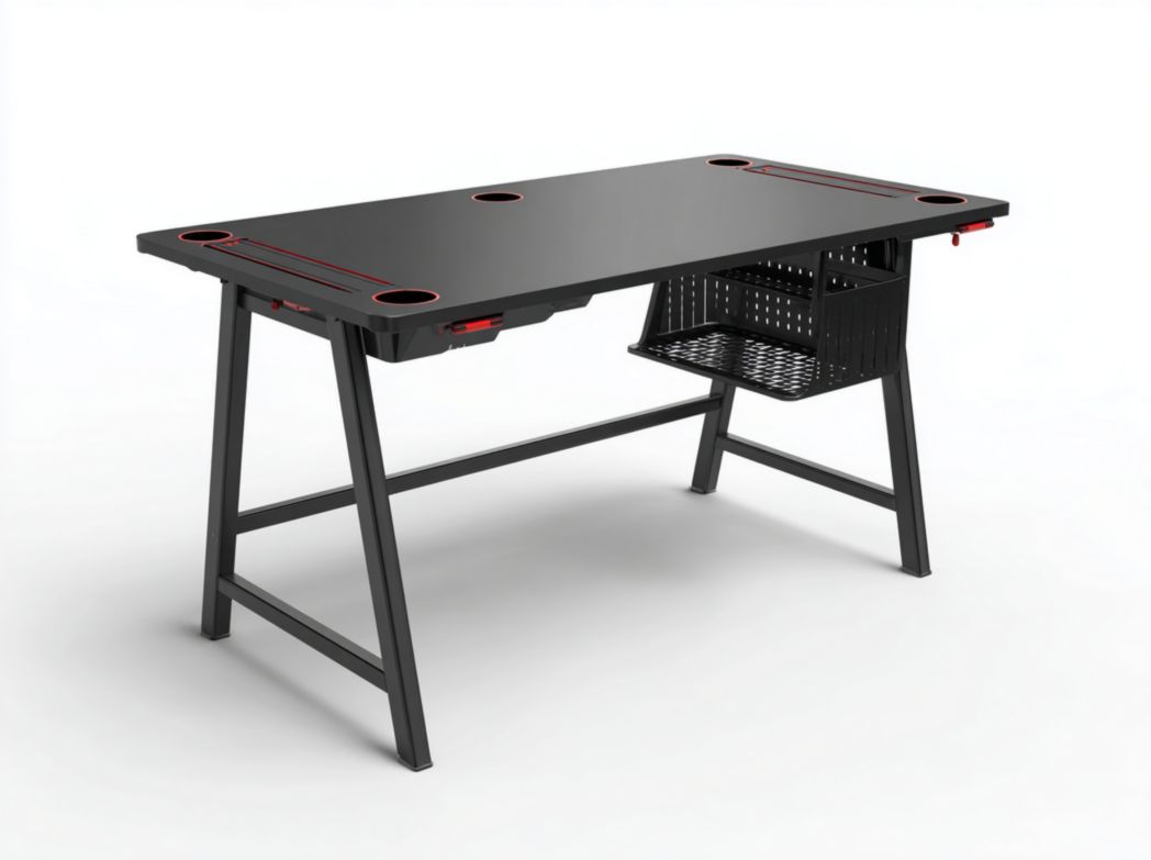 Bureau gaming noir avec panier de rangement et gestion de cables