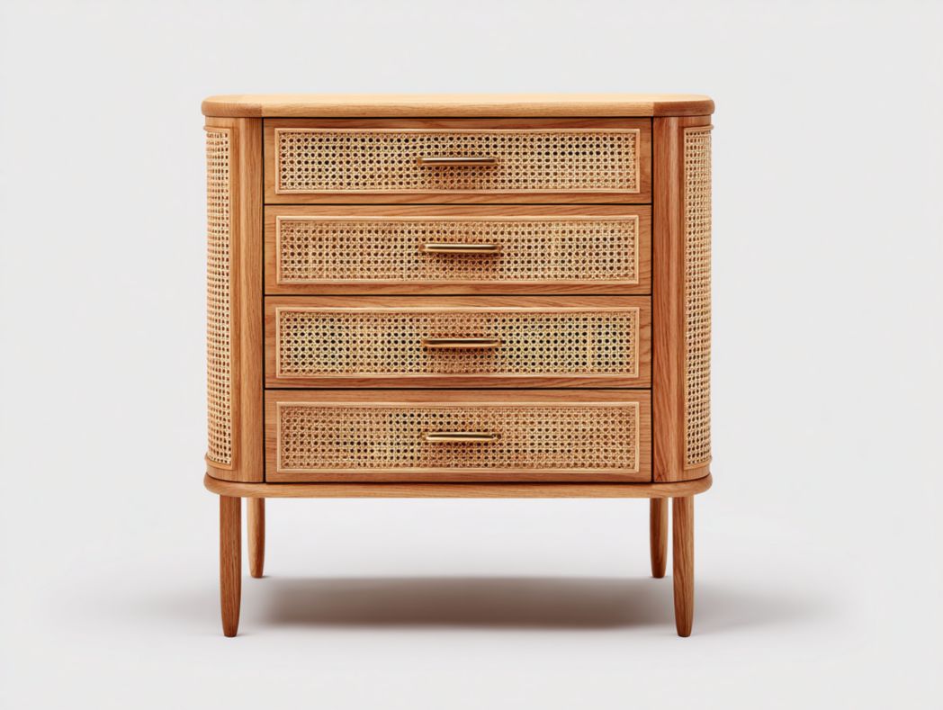 Chiffonnier 4 tiroirs en bois naturel avec fa?ades en rotin tressé style nordique