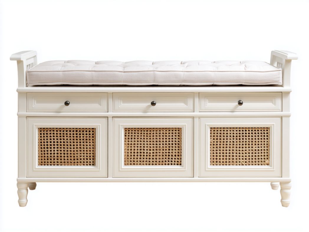 Banc de rangement en bois blanc et rotin avec coussin en lin, 3 tiroirs intégrés