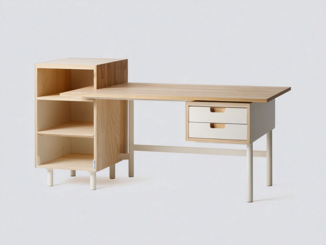 Bureau d’angle bois clair et blanc avec étagères ouvertes et 2 tiroirs