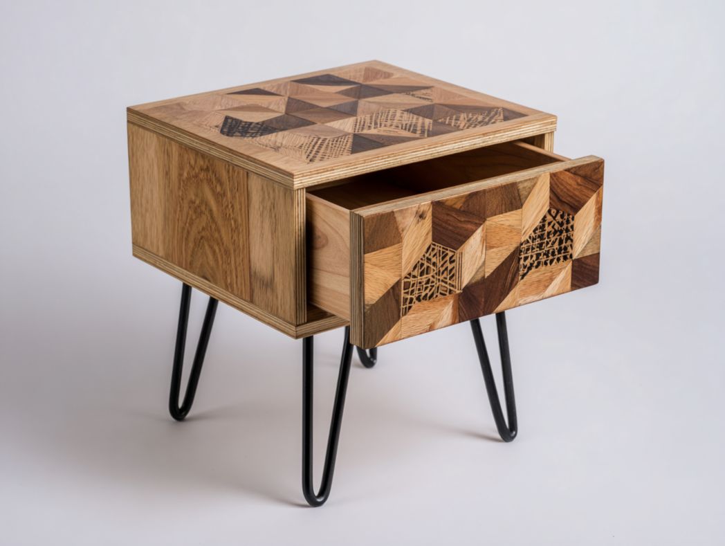 Table de chevet en bois sculpté – 1 tiroir géométrique avec pieds métal noir
