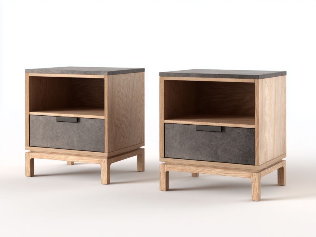 Lot de 2 tables de chevet style nordique Bois clair avec tiroir gris et plateau effet pierre