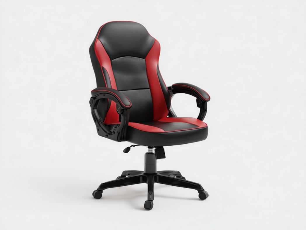 Fauteuil Gaming et bureau en similicuir noir et rouge avec dossier ergonomique et accoudoirs rembourrés