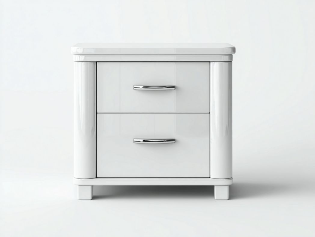 Table de chevet blanche brillante – 2 tiroirs avec poignées métalliques