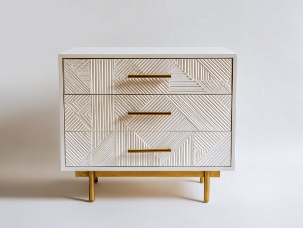 Commode à langer moderne avec motifs géométriques et poignées dorées – 3 tiroirs