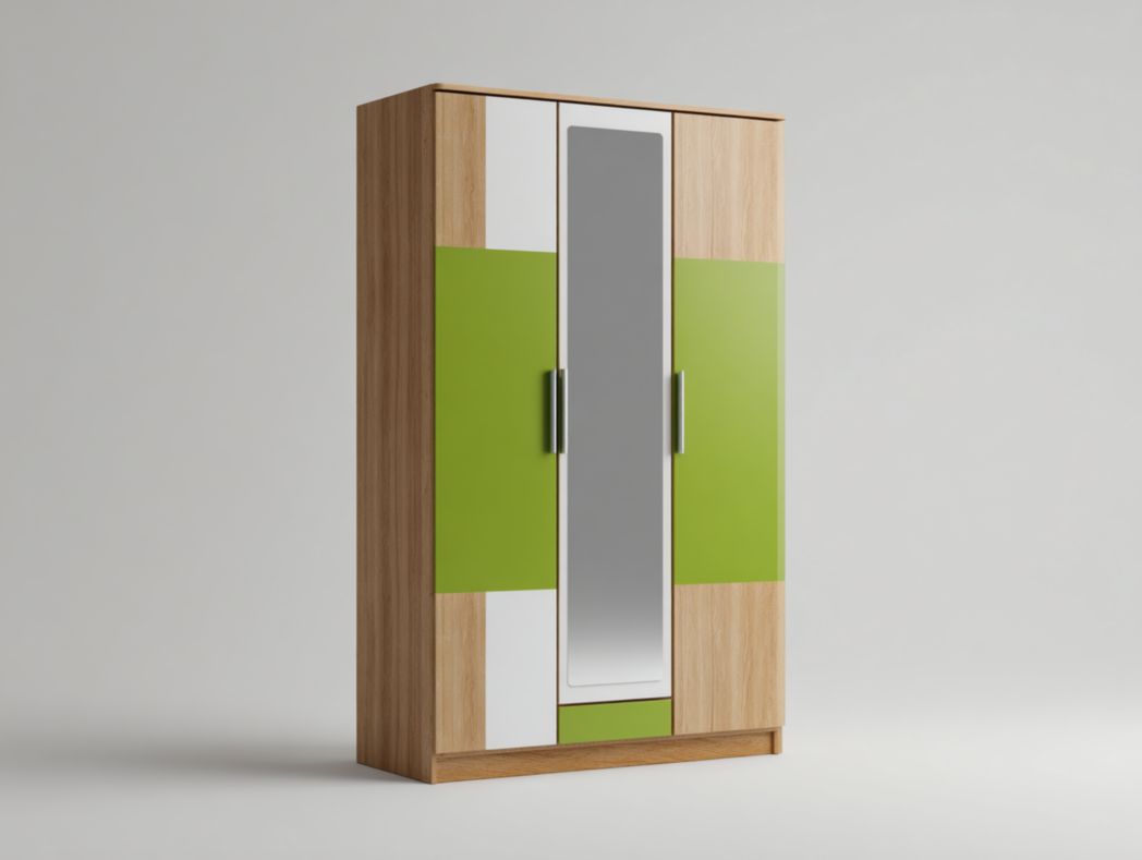 Armoire 3 portes bois clair et vert avec miroir intégré