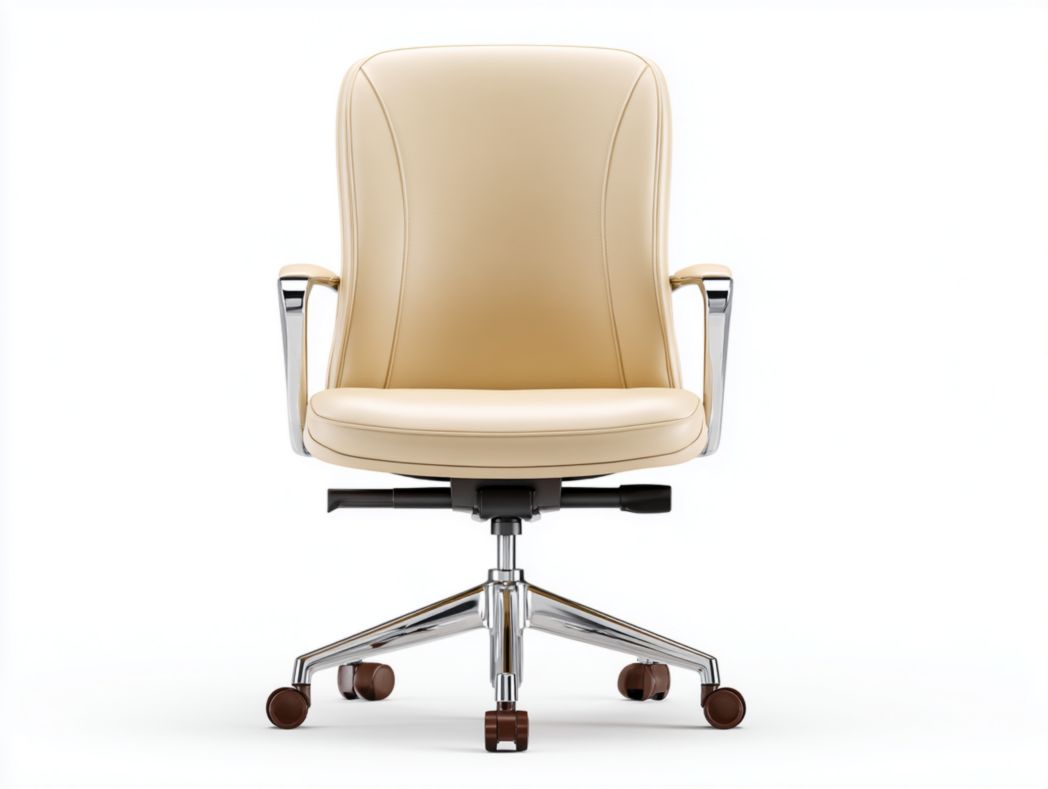 Fauteuil de bureau en cuir beige avec accoudoirs métalliques et base pivotante