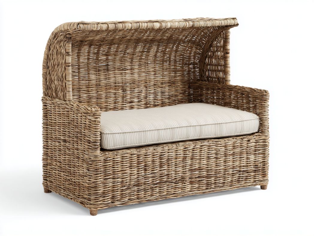 Banc en rotin avec dossier haut et auvent, coussin en lin beige