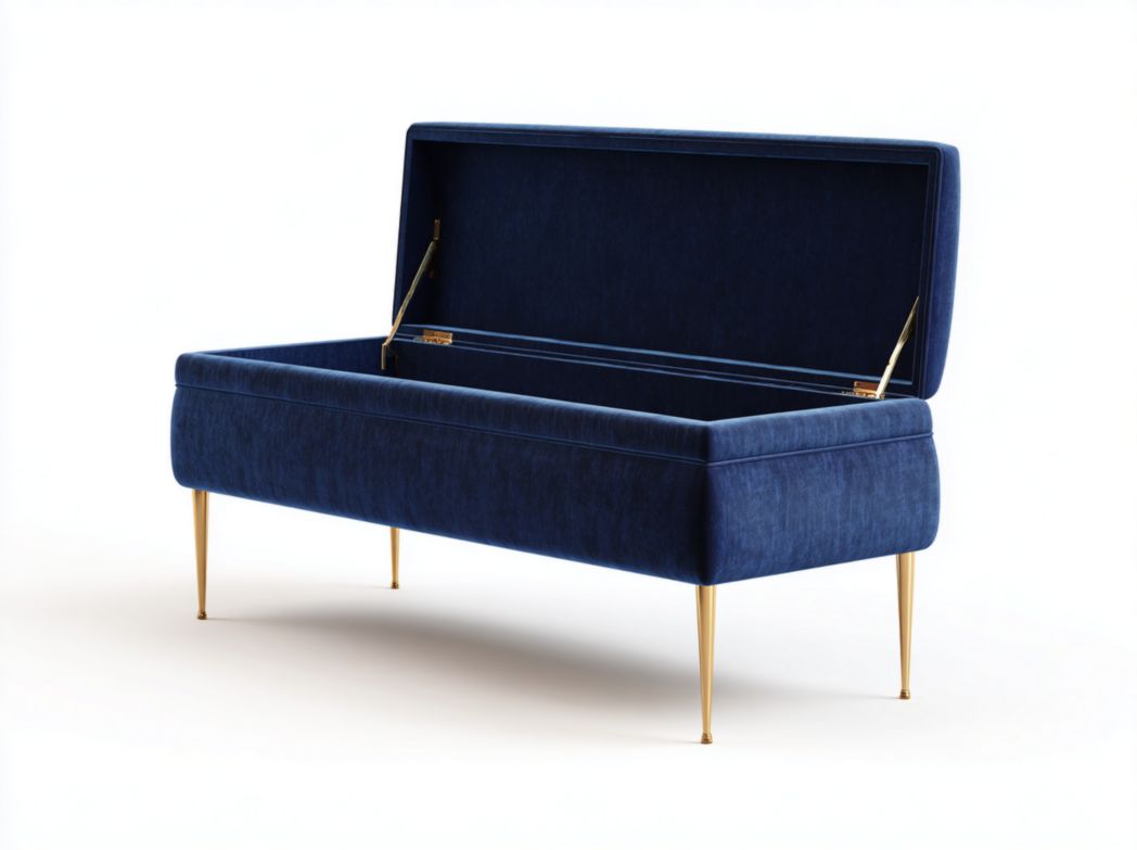 Banc coffre moderne Tissu bleu avec pieds en métal doré et espace de rangement