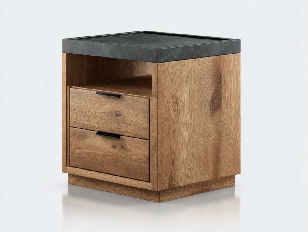 Table de chevet bois avec plateau noir – 2 tiroirs et niche ouverte
