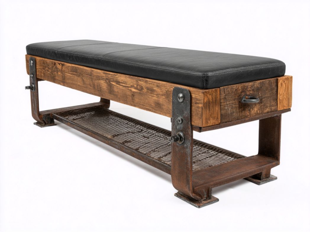 Banc industriel en bois avec assise cuir noir, tiroir et structure métal
