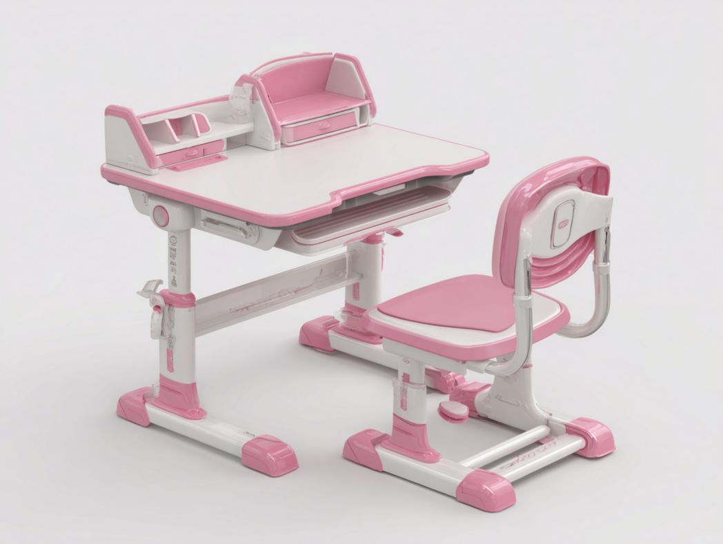 Bureau enfant avec chaise réglable rose et blanc avec rangement intégré