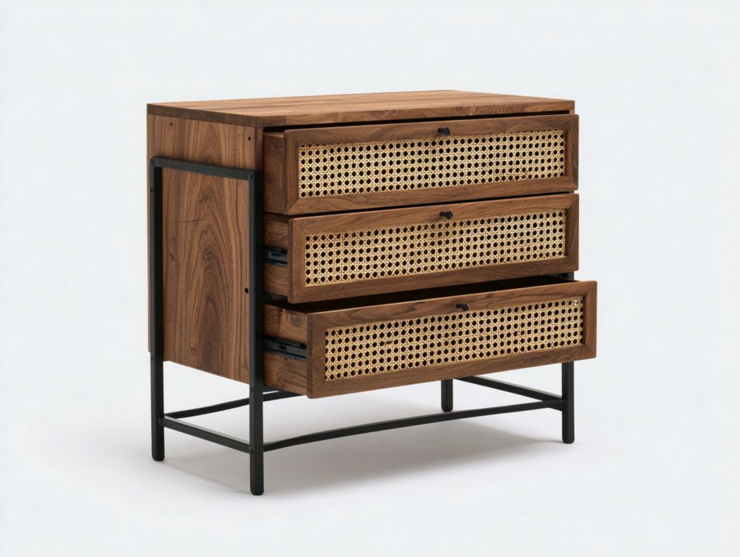 Commode 3 tiroirs en bois noyer et métal avec fa?ades en rotin