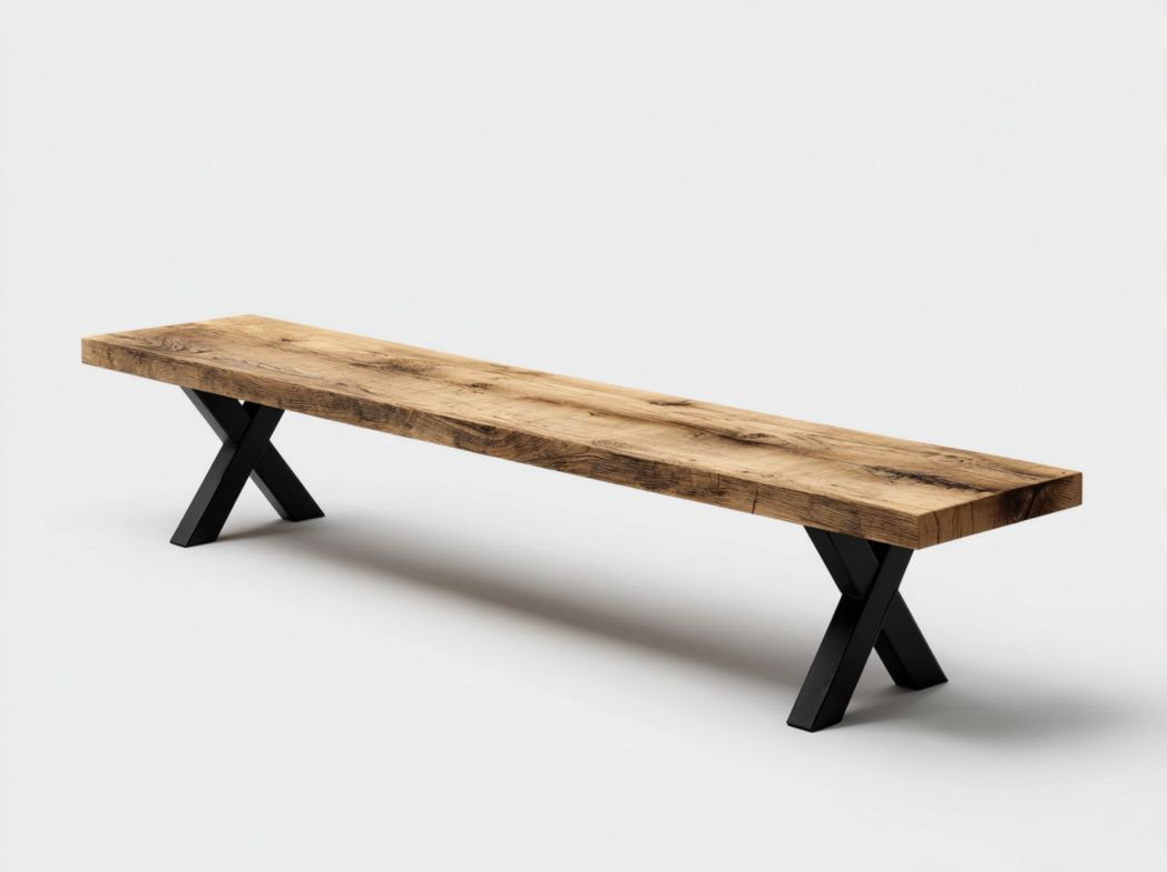 Banc en bois massif avec pieds croisés en métal noir
