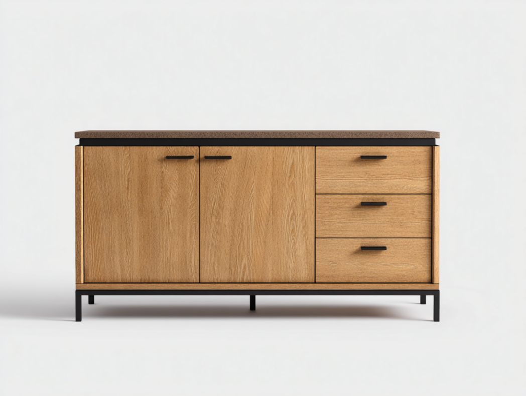 Buffet moderne en bois avec 3 tiroirs et 2 portes – détails métal noir