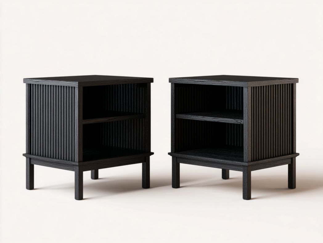 Lot de 2 tables de chevet modernes Noires à lattes avec étagères ouvertes