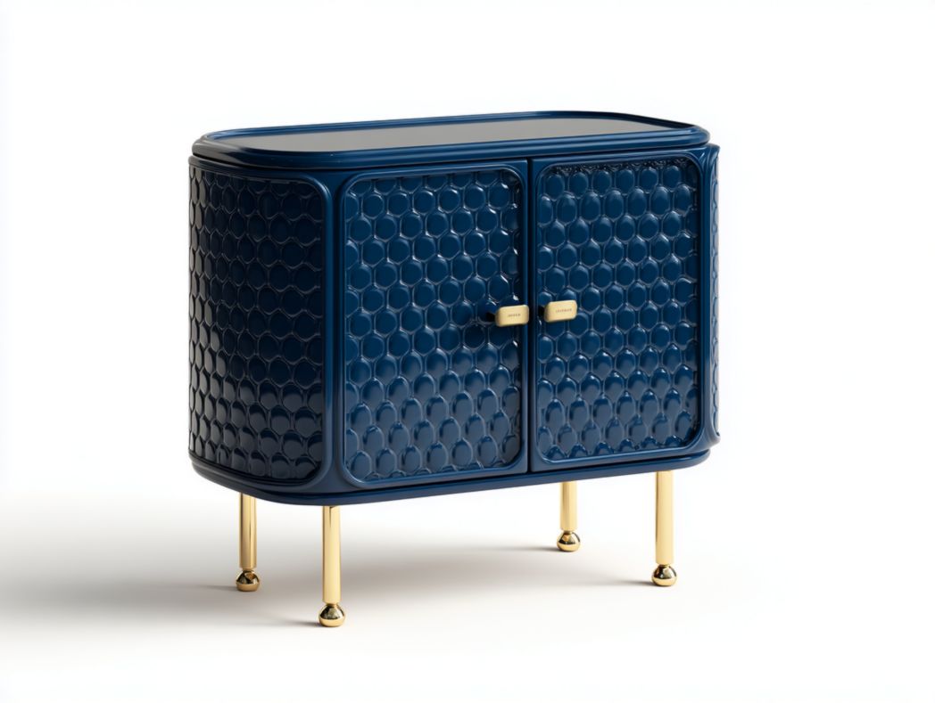 Table de chevet design – finition bleu marine à motif alvéolé, portes battantes, pieds dorés