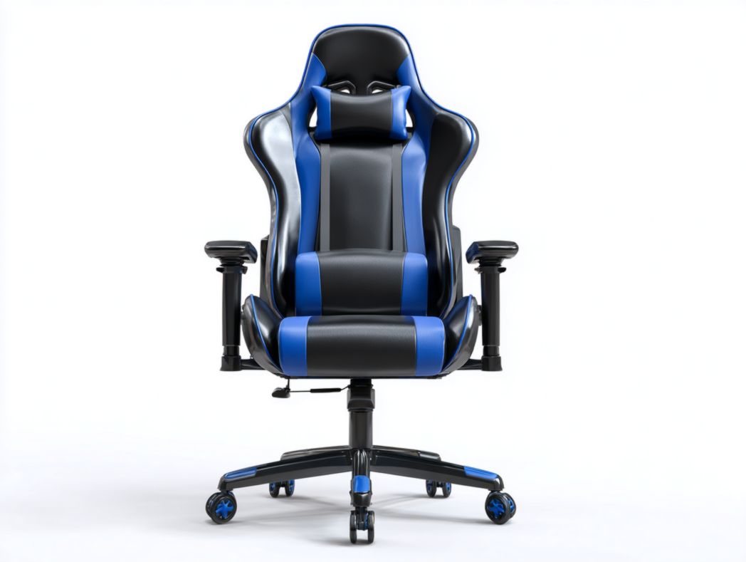 Chaise Gaming ergonomique style course en similicuir bleu et noir avec coussin lombaire et appui-tête