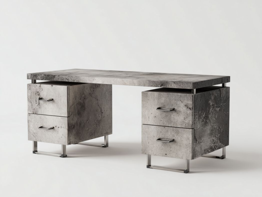 Bureau enfant effet béton gris avec 4 tiroirs et piètement métal