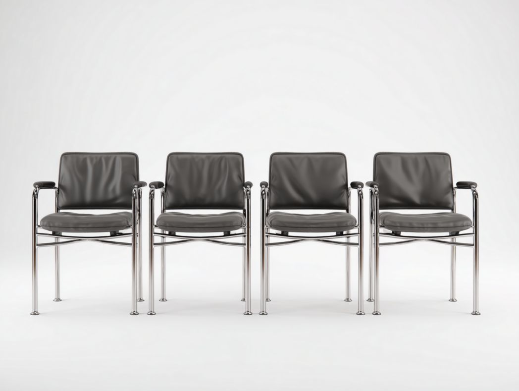 【Lot de 4】Chaises de conférence noires avec assise rembourrée en cuir, accoudoirs et structure métallique