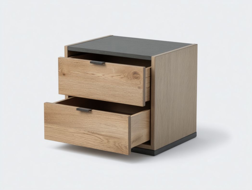 Table de chevet bois avec plateau noir – design moderne à 2 tiroirs