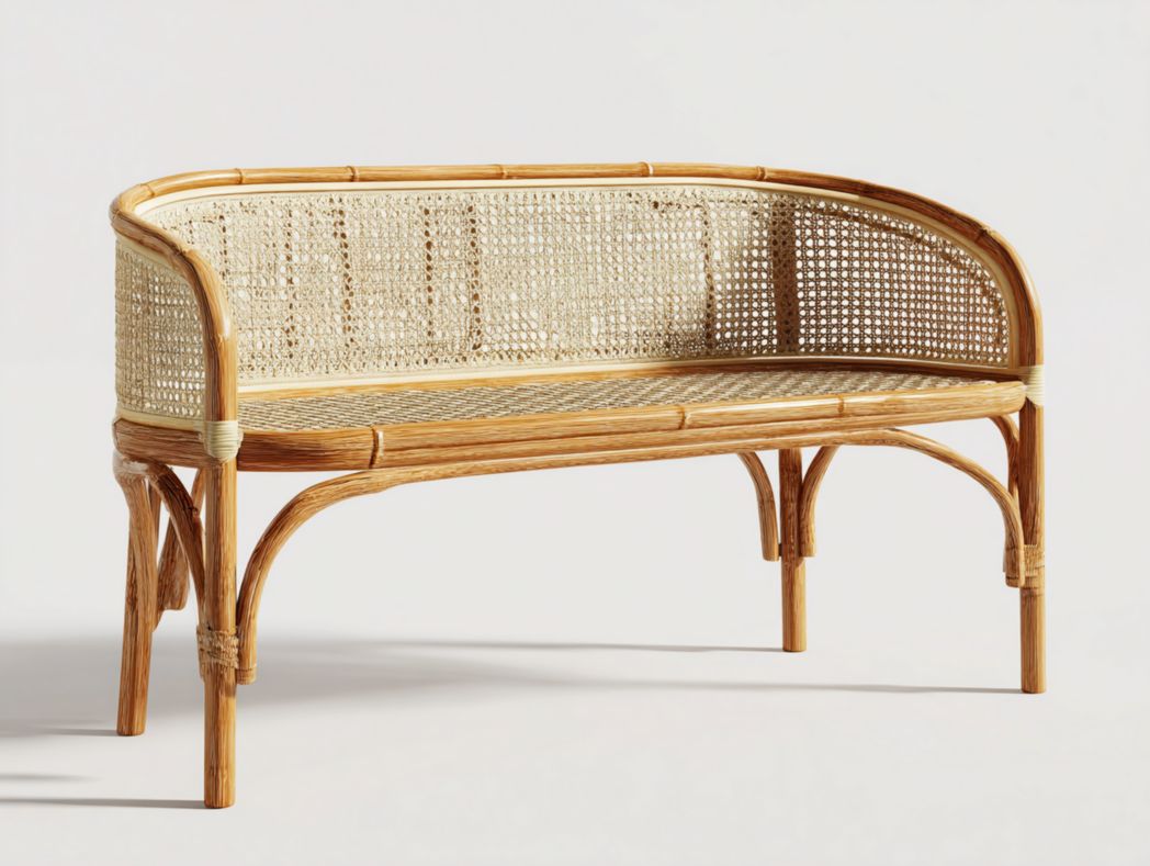 Banc en rotin naturel avec dossier semi-arrondi et cadre en bois