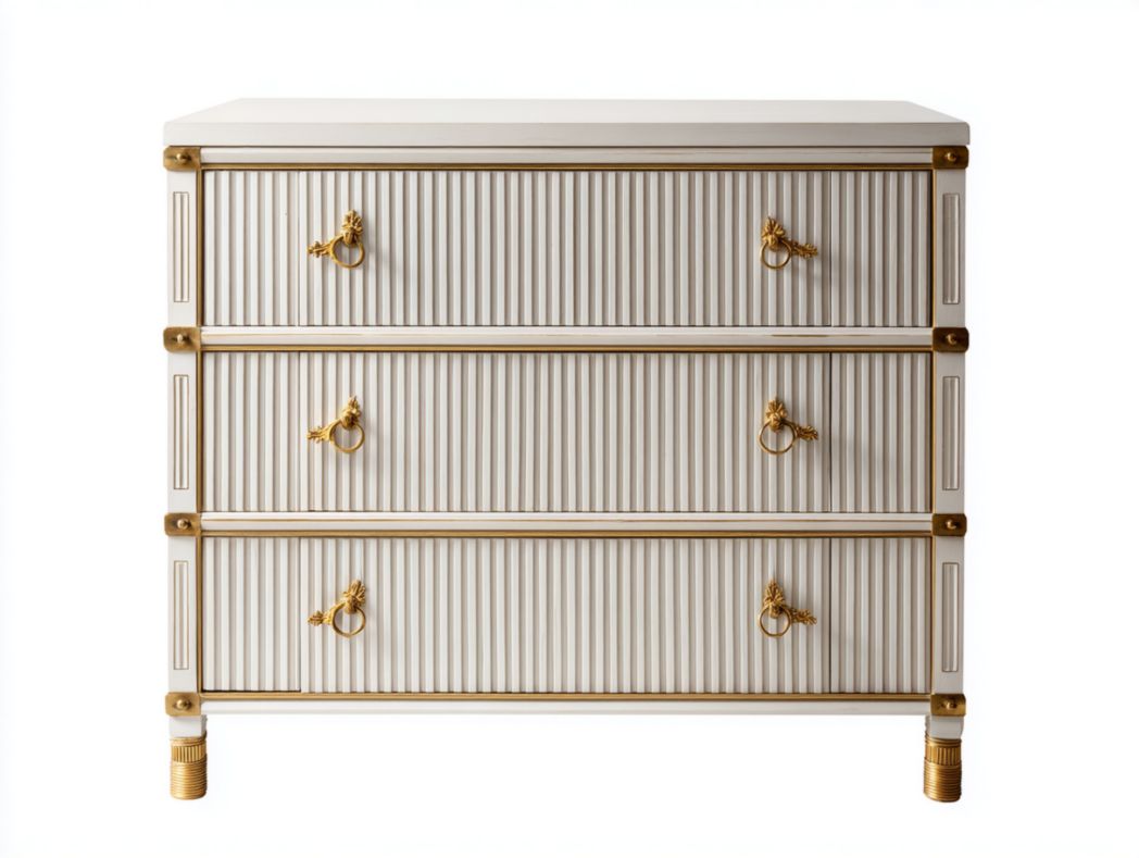 Commode 3 tiroirs à fa?ades striées avec finitions dorées