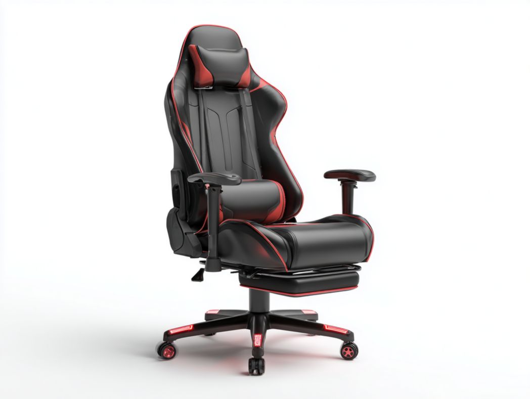 Chaise Gaming ergonomique style course en similicuir noir et rouge avec repose-pieds, coussin lombaire et appui-tête