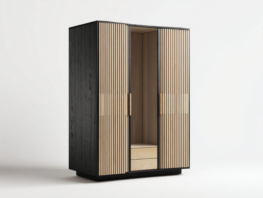 Armoire 2 portes noir et bois à lattes verticales – design moderne avec rangements intégrés