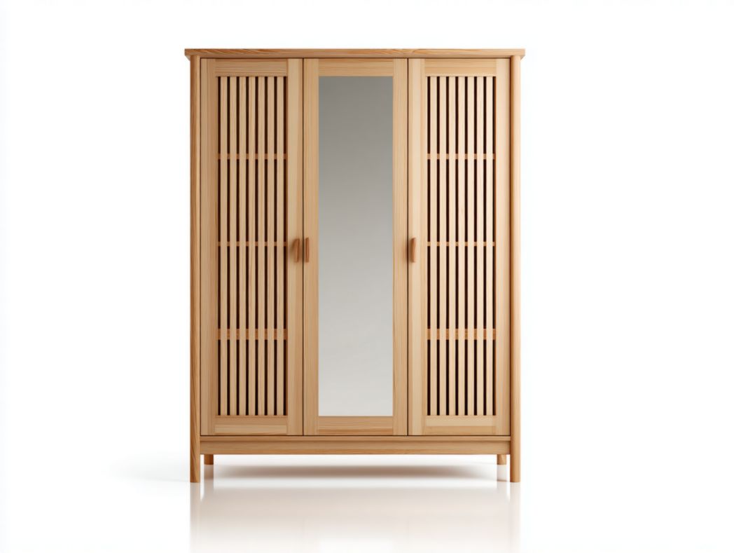 Armoire 3 portes en bois massif avec fa?ade à lattes et miroir central – style épuré