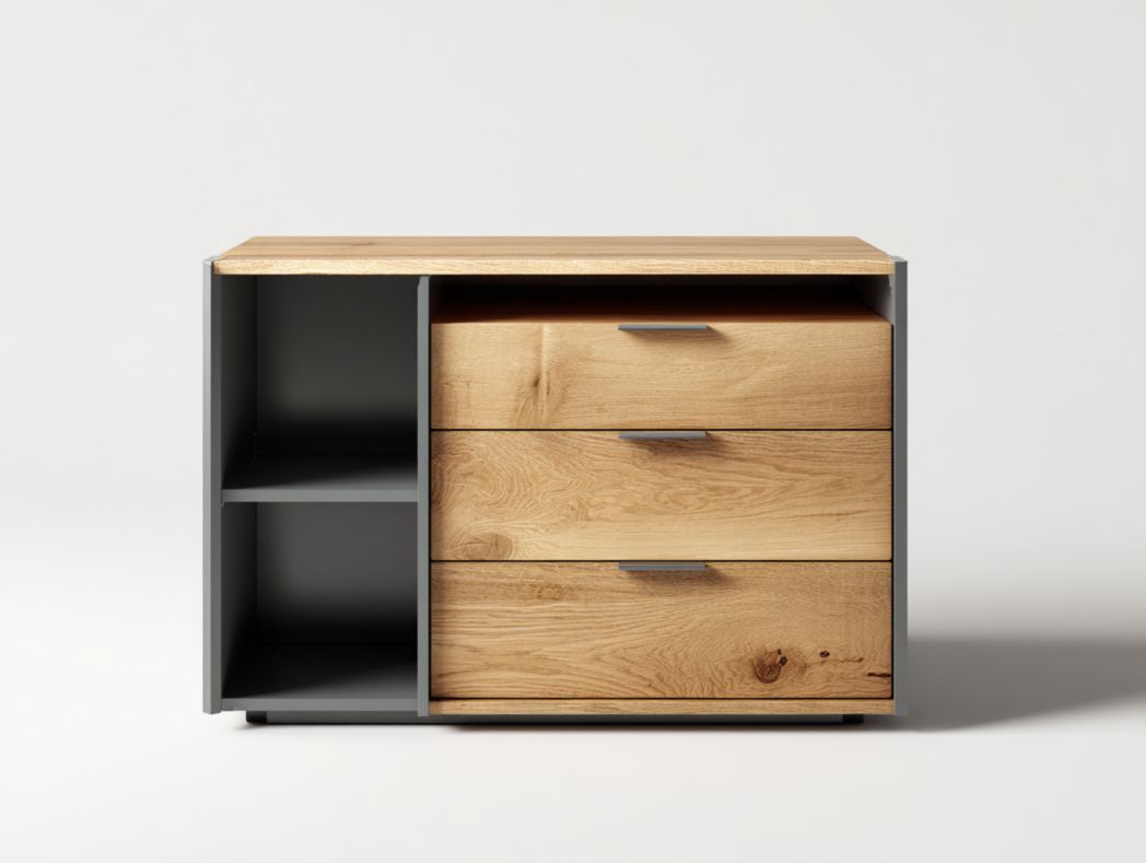 Commode moderne 3 tiroirs avec niches ouvertes bois et gris