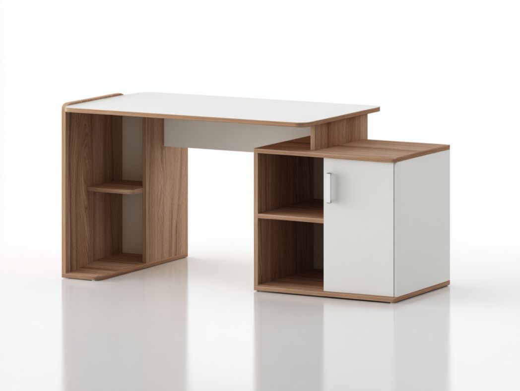 Bureau d’angle compact – plateau blanc et rangement en bois noyer