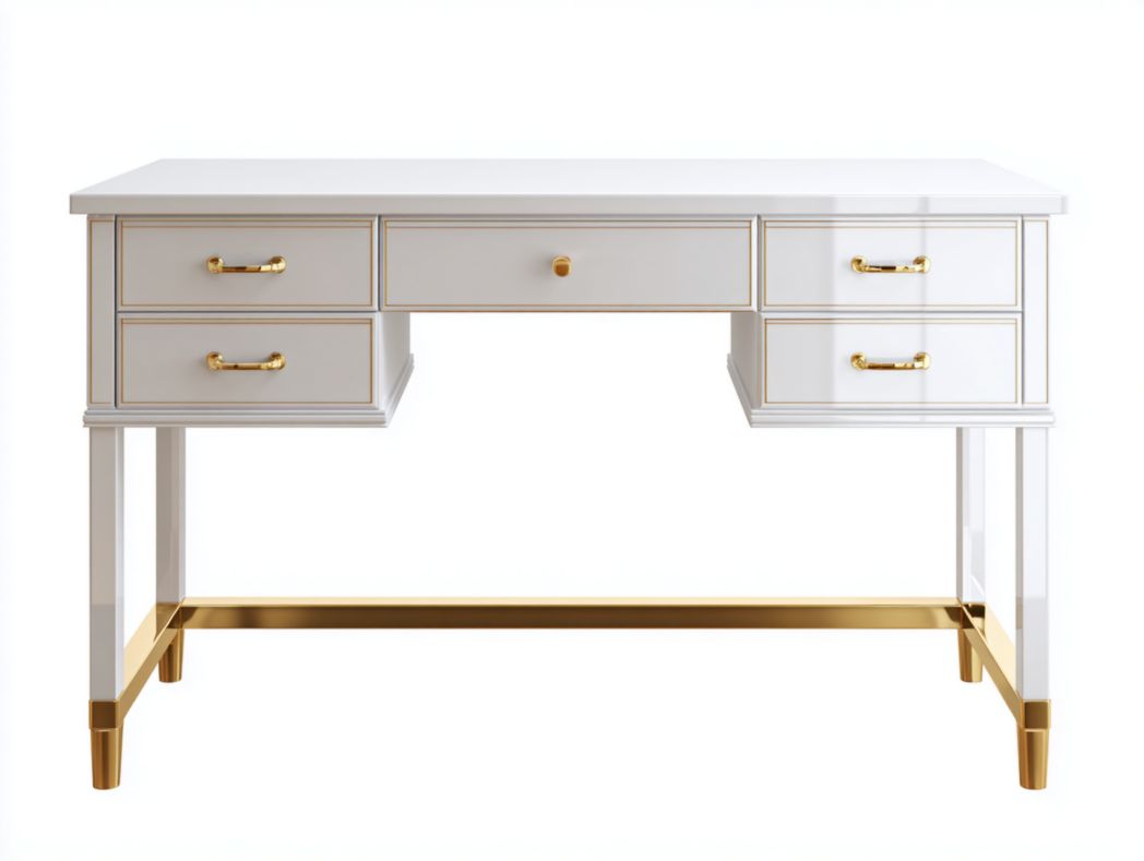 Bureau enfant blanc avec finitions dorées et multiples tiroirs de rangement