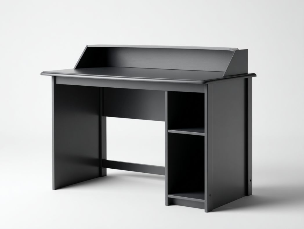 Bureau gaming noir avec tablette surélevée et rangements ouverts