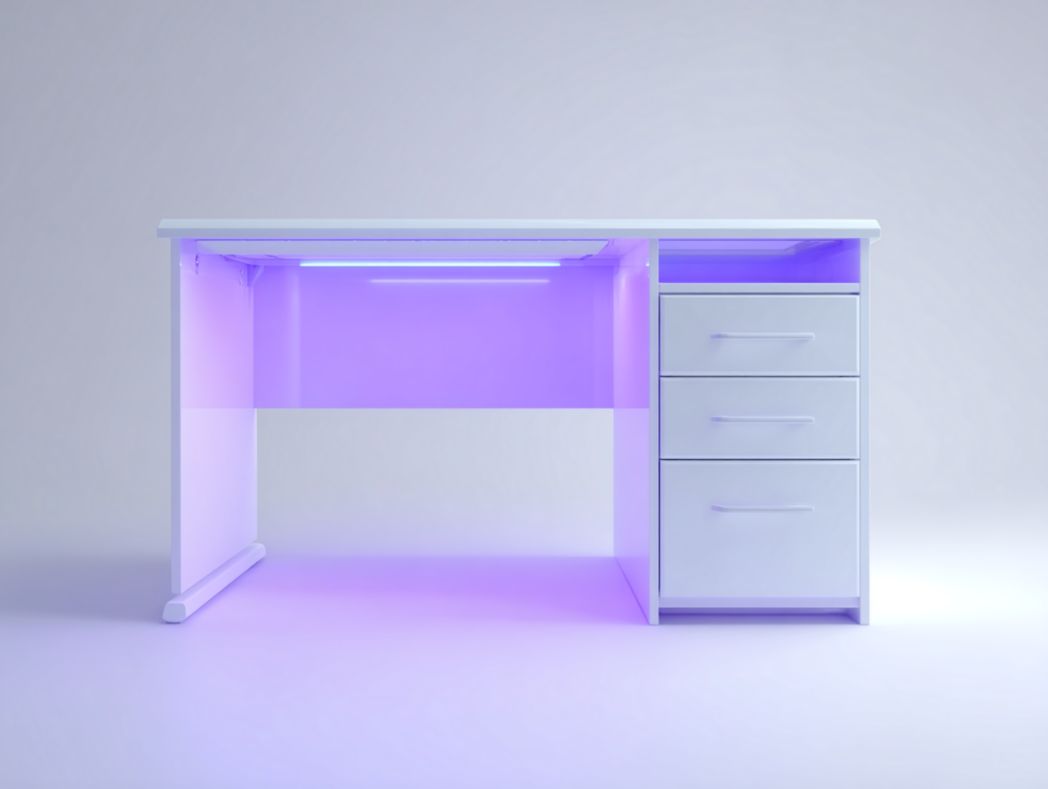 Bureau gaming blanc avec 3 tiroirs et éclairage LED intégré