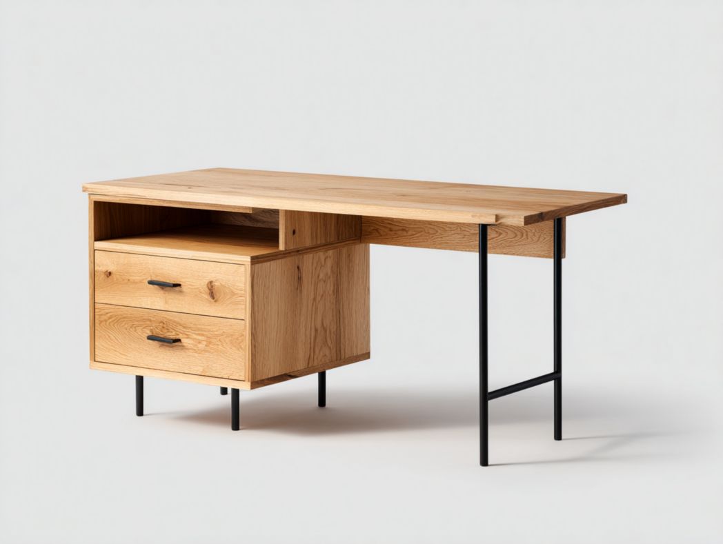Bureau d’angle bois naturel avec pieds métalliques noirs et 2 tiroirs
