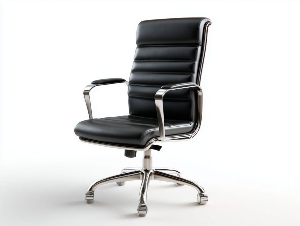 Fauteuil de bureau en cuir noir avec dossier à rayures et accoudoirs métalliques