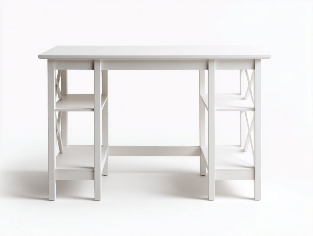 Bureau d’angle blanc avec étagères ouvertes des deux c?tés