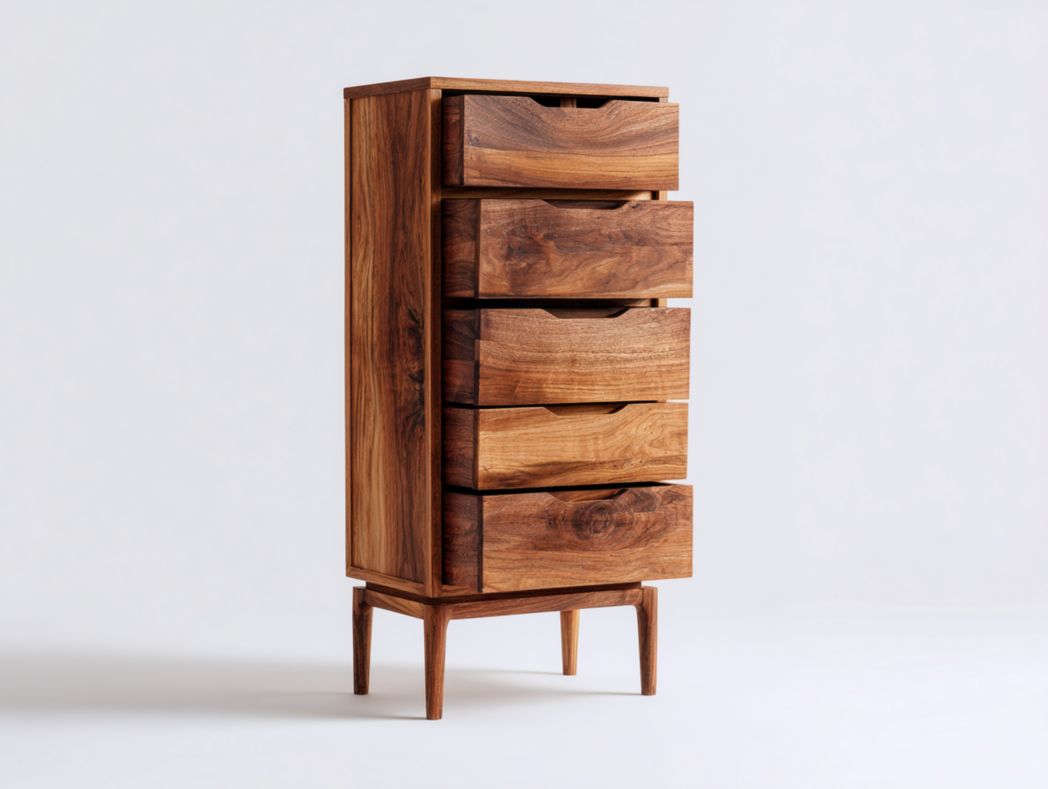 Chiffonnier étroit 5 tiroirs en bois massif finition noyer foncé style moderne