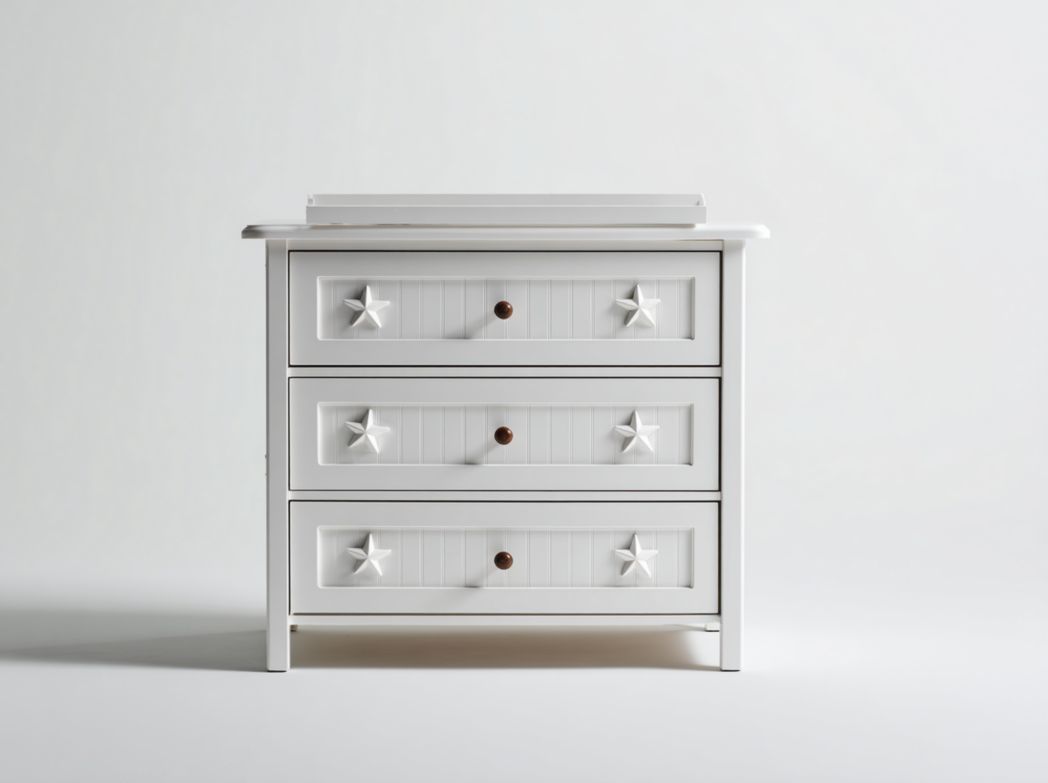 Commode à langer blanche décorée d’étoiles en relief avec 3 tiroirs
