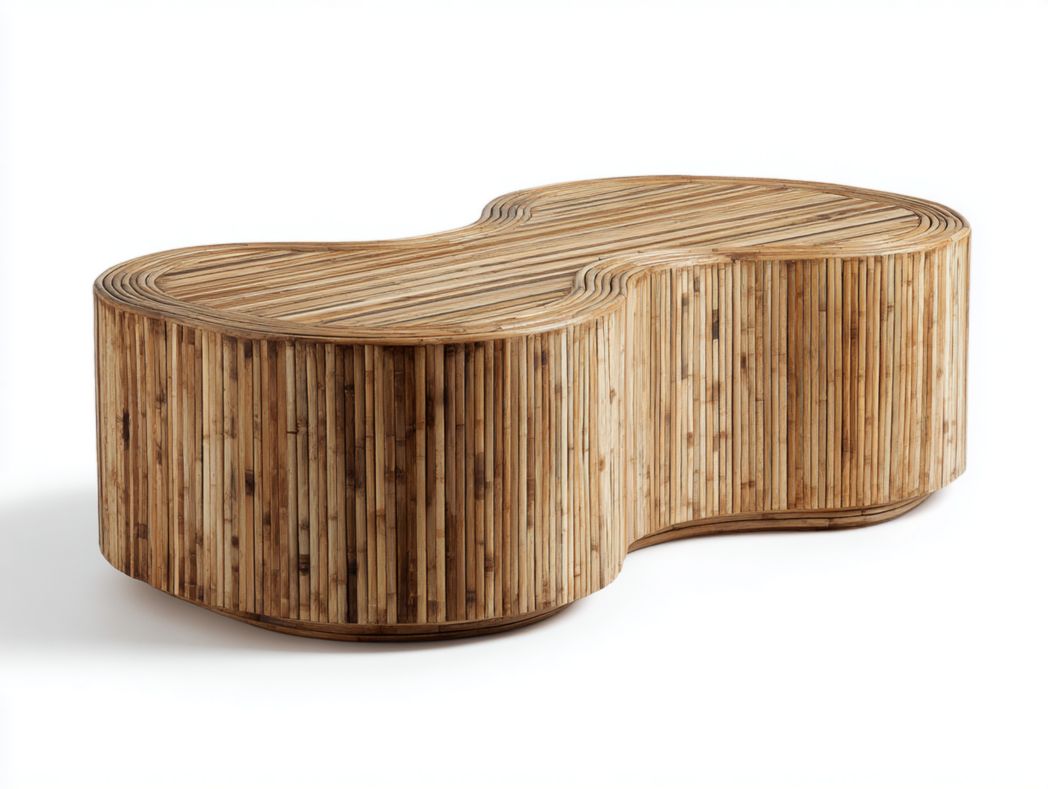 Banc en rotin courbé style table basse, finition naturelle