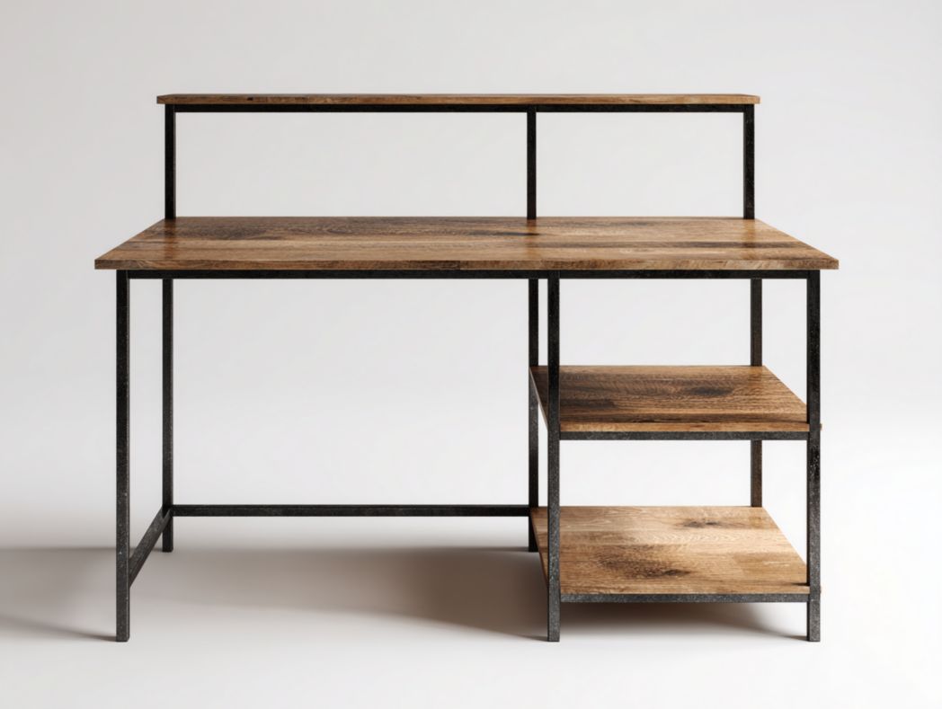 Bureau gaming industriel bois et métal avec étagères latérales