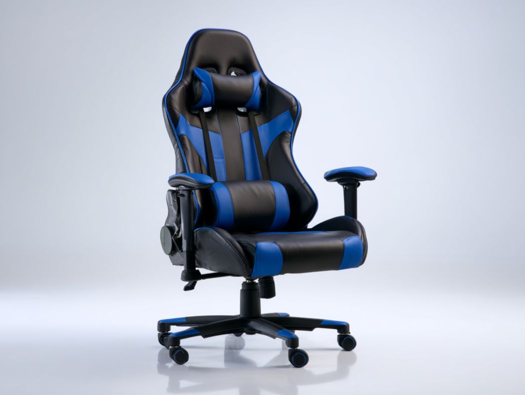 Chaise Gaming style course en similicuir bleu et noir avec dossier haut, coussin lombaire et appui-tête