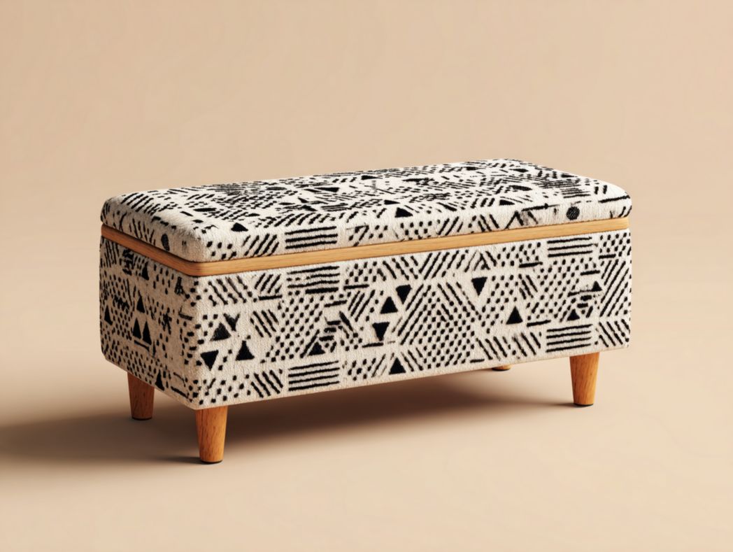 Banc coffre Tissu géométrique noir et blanc avec pieds en bois et espace de rangement